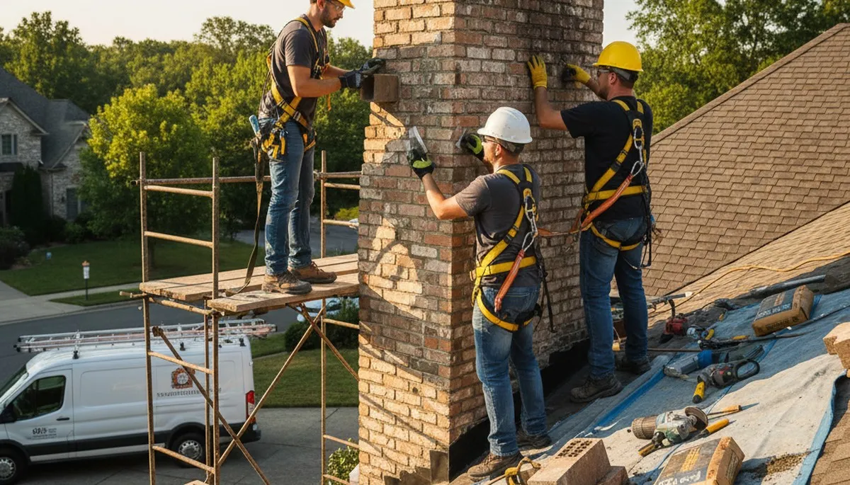 Denver chimney repair crew fixing cracked mortar on a home in Denver, CO